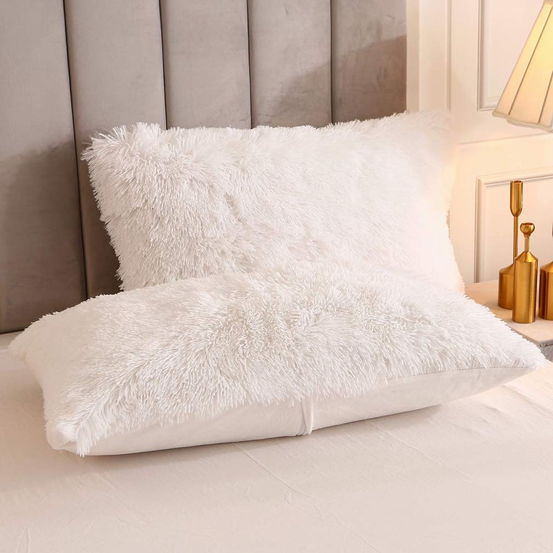 Uhamho Faux Fur Velvet Fluffy Bedding Duvet Cover Set Down Comforter Quilt Cover with Pillow Shams, Ultra Soft Warm (White, Queen) - Image 3